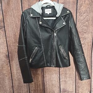 Vigoss Black Faux Leather Jacket with Gray Hood Sz Med